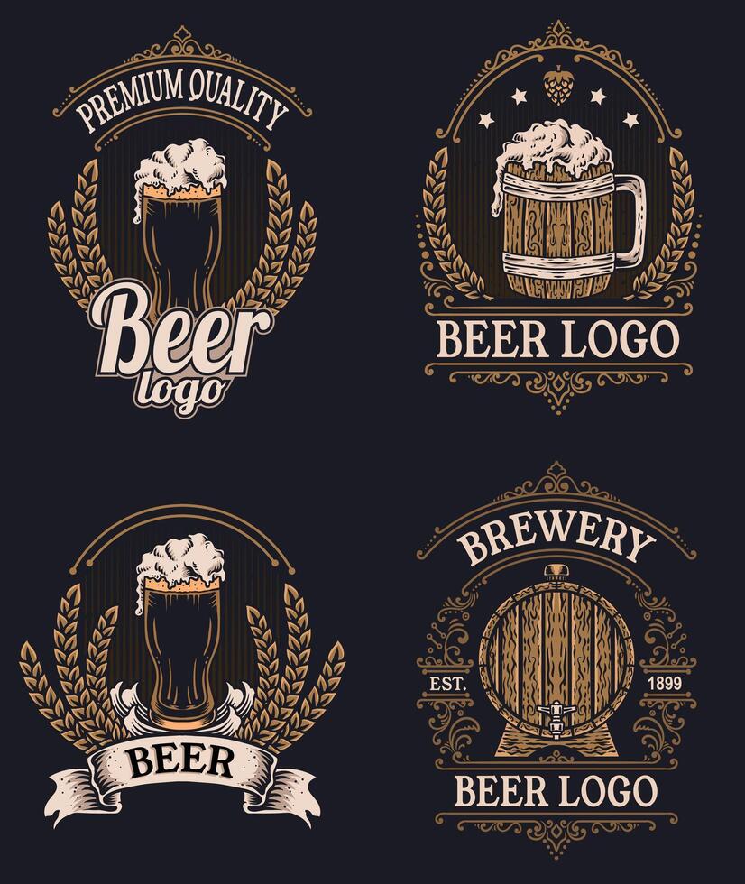 Set of vintage beer logo. illustration. emblem brewery design on black background vector