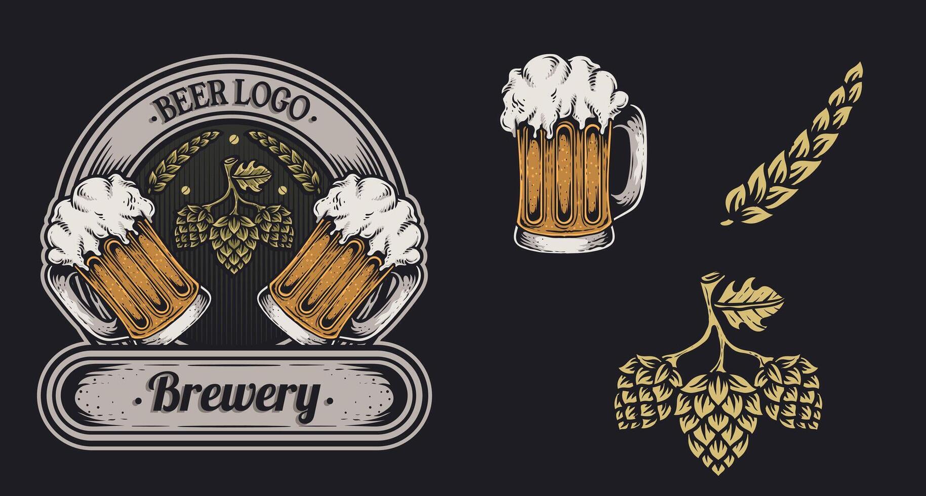 Isolated retro vintage Beer logo, illustration beer glass, emblem brewery design on dark background. vector