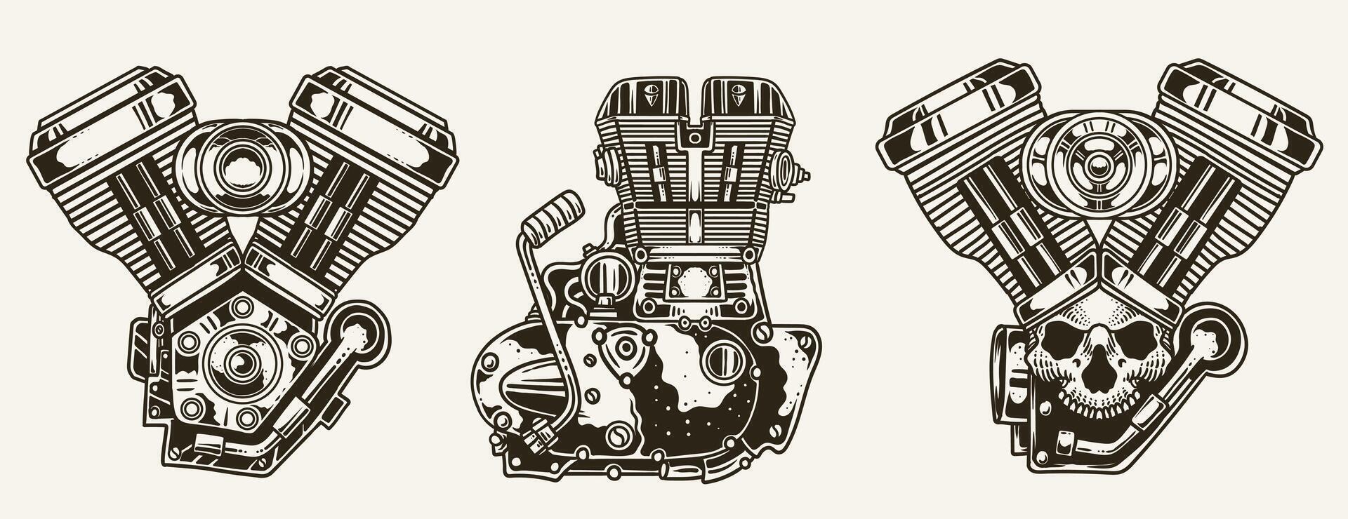 Set of motorcycle engine with monochrome style vector