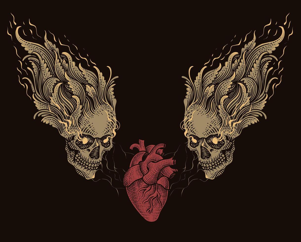 Illustration of burning skull head engraving ornament style with heart vector