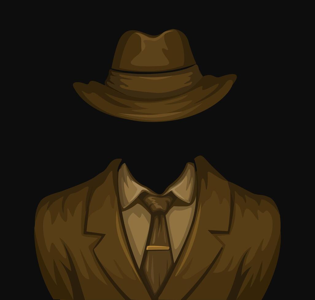 Mysterious Man Wearing Suit And Hat On Dark Background Illustration vector