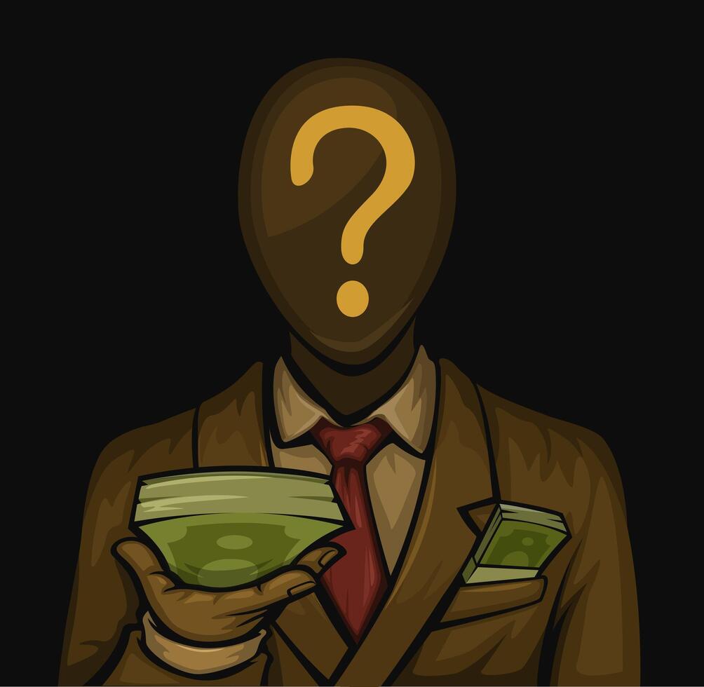 Mysterious Businessman With Question Mark On Head Holding Money In Dark Background Illustration vector