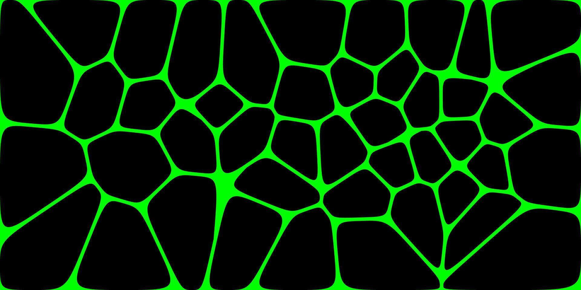 A black irregular polygon pattern with glowing green lines resembling cracked glass or organic cells, creating a futuristic and abstract design. vector
