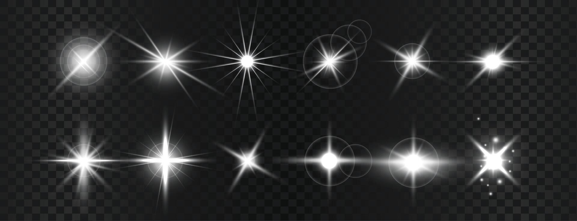 Collection of different light effects, Realistic flares, Creative illustration of light effect, ray, Glowing effects, Flash, bright, lens, Abstract shimmering elements, Sparkle glares vector