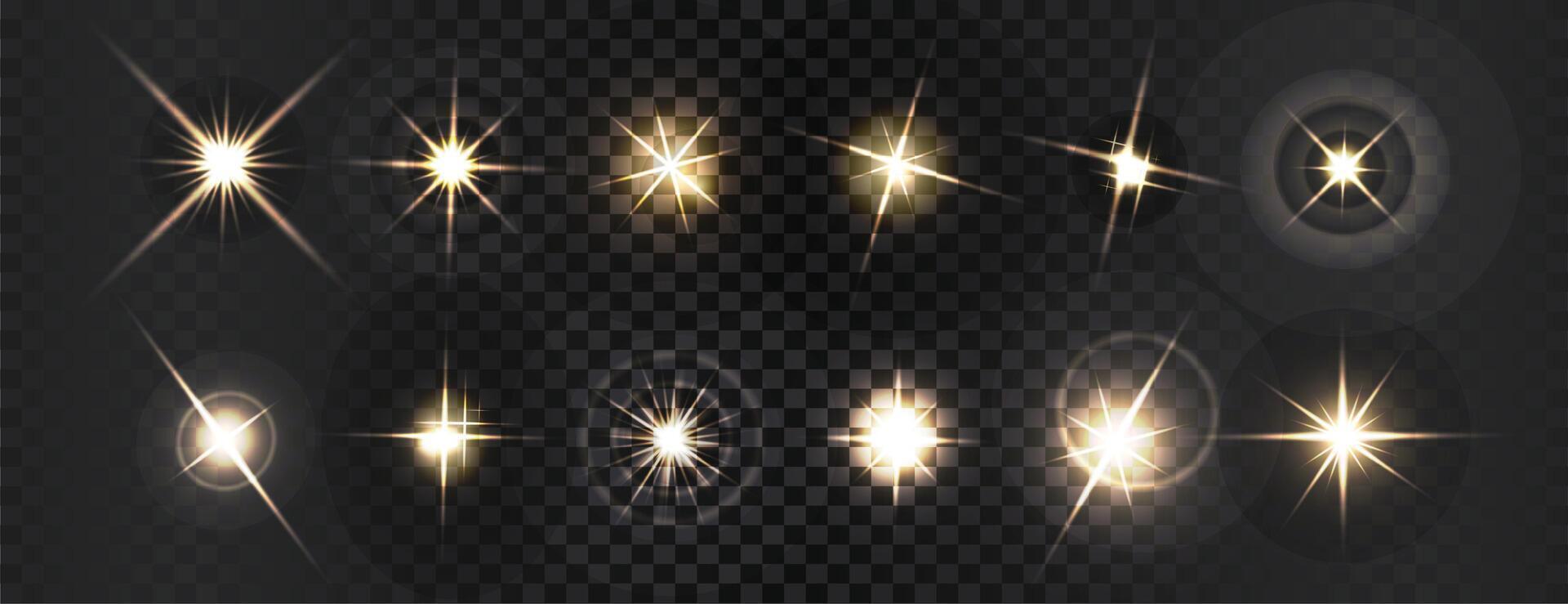 Collection of different light effects, Realistic flares, Creative illustration of light effect, Flash, ray, Glowing effects, lens, bright, Abstract shimmering elements, Sparkle glares vector