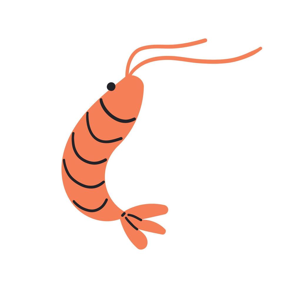 Cartoon shrimp or prawn sea animal. Isolated small crustacean with slender body covered with hard exoskeleton and long antennae, found in marine habitats, prized for succulent meat in culinary dishes vector