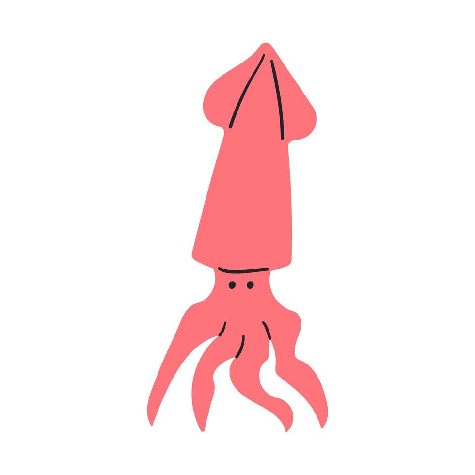 Squid illustration. Cute squid cartoon clipart, animal in flat style. Sea animals, underwater creatures, ocean animals, marine life concept. Squid design isolated on white background vector