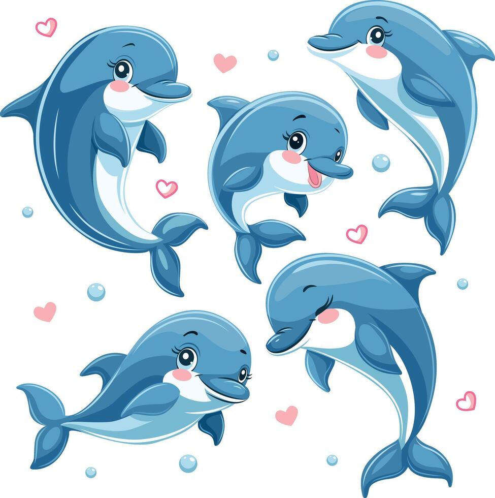 Set of cute dolphins in cartoon style. Five dolphins in different poses and with different characters. vector