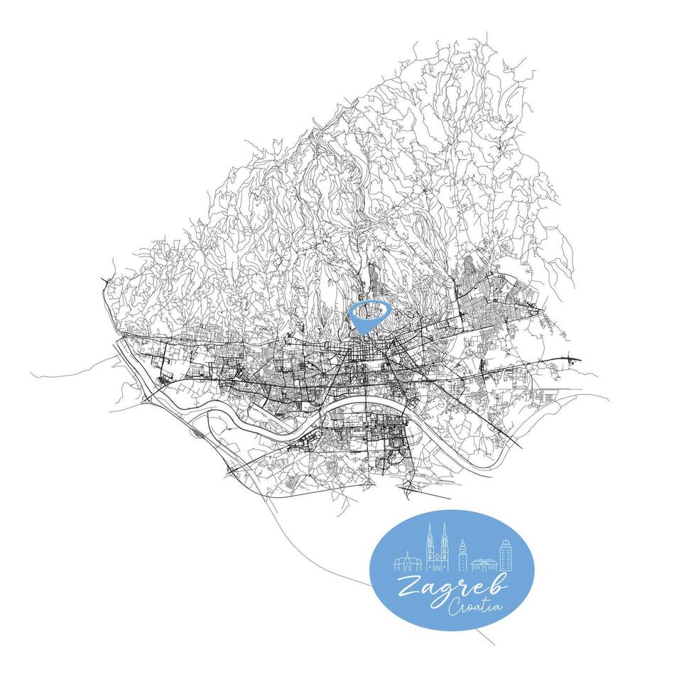 Zagreb, Croatia, Streets Roads Map with location pin, illustration element image vector