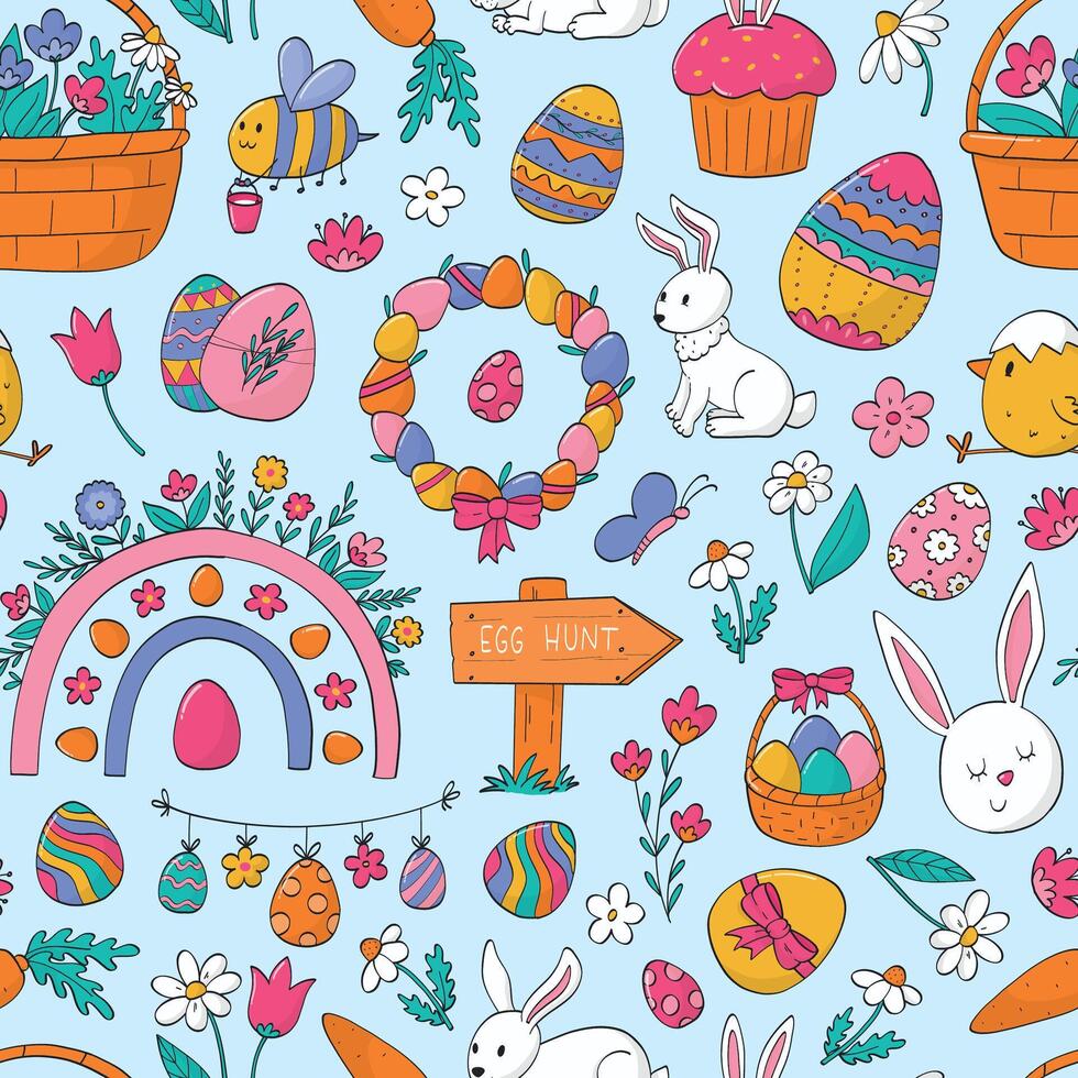 Easter doodles seamless pattern for nursery decor, textile prints, wallpaper, digital paper, scrapbooking, stationery, etc. EPS 10 vector