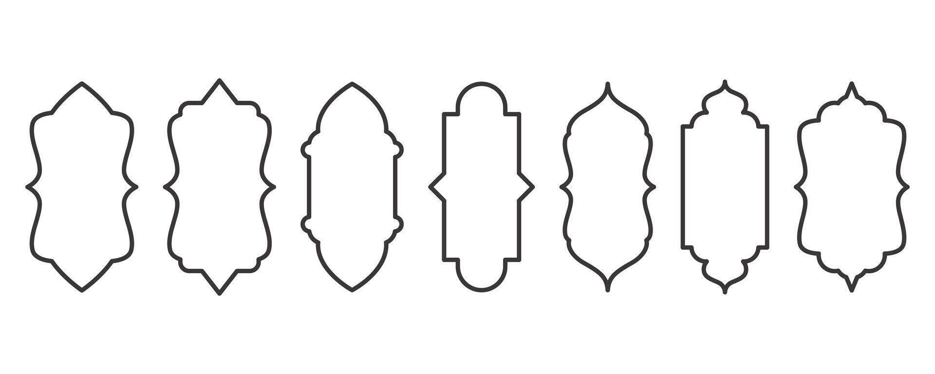 Ramadan frame shapes. Window Arabic arc outline elements. Door design with Turkish ornament. Muslim oriental sticker template. Traditional decoration set for banner and badge vector