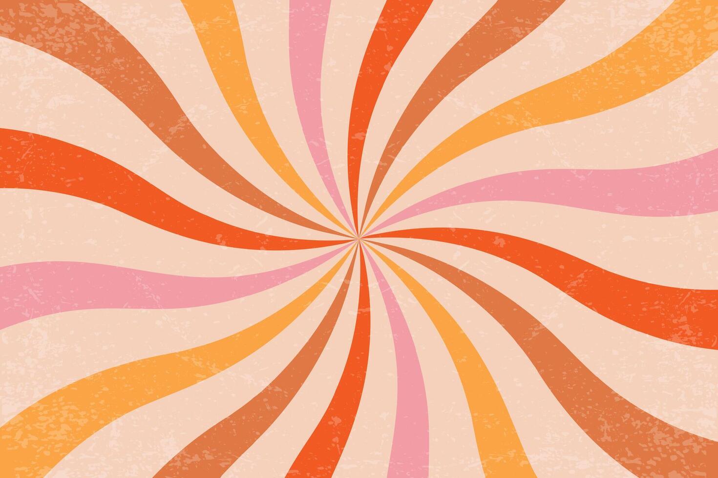 Retro spiral pattern with groovy sun beams. Radial swirl rays with grunge texture. Vintage abstract 70s design with vortex stripes. Summer backdrop with curved concentric lines vector