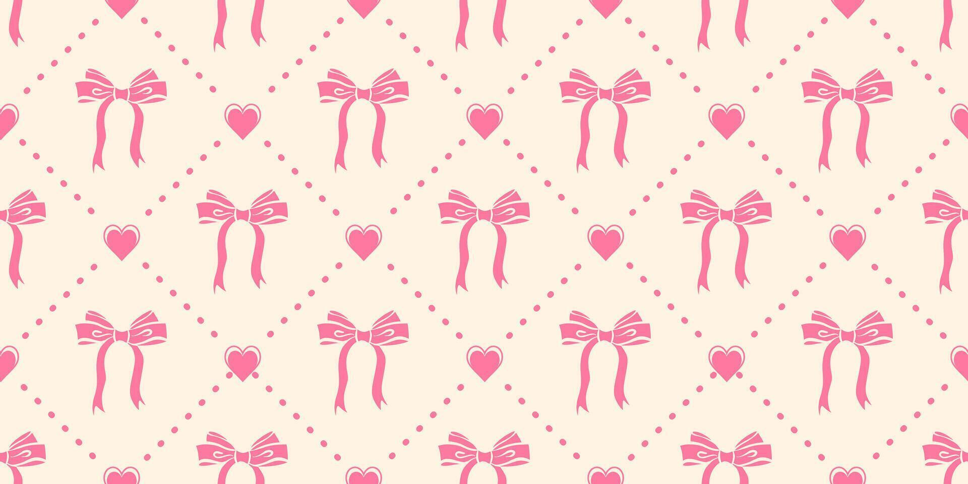 Ribbon bow cute pattern. Vintage seamless background with hear ties and pink hearts for holiday and party decoration. Girly satin accessories on pastel backdrop. vector