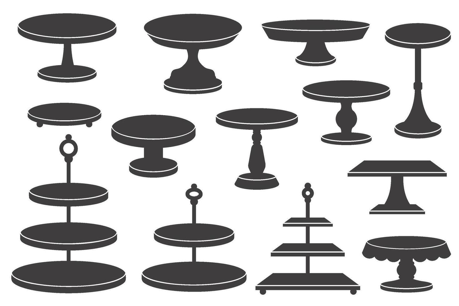 Cake stand silhouettes. Trays and platters for tea and desert serving. flat illustrations on white background. Simple black displays for food and pastry. Birthday and wedding serving decor vector