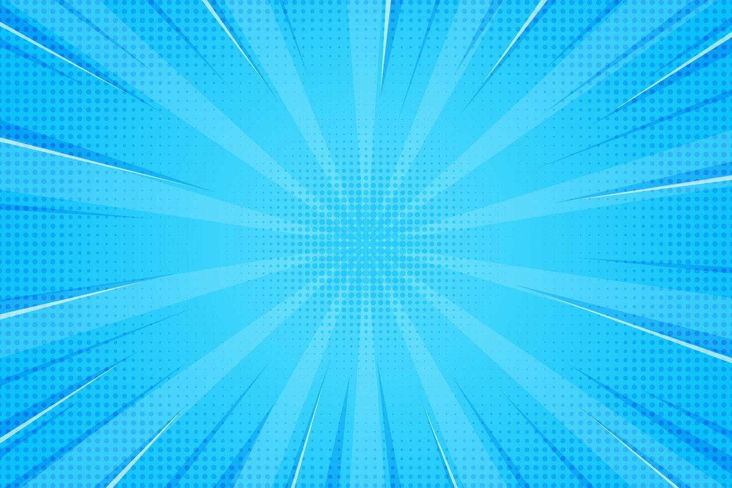 Comic book abstract blue background with starburst pattern. Pop art radial rays of explosion with halftone effect. Manga action lines and flash concentric beams. retro bright bg. vector