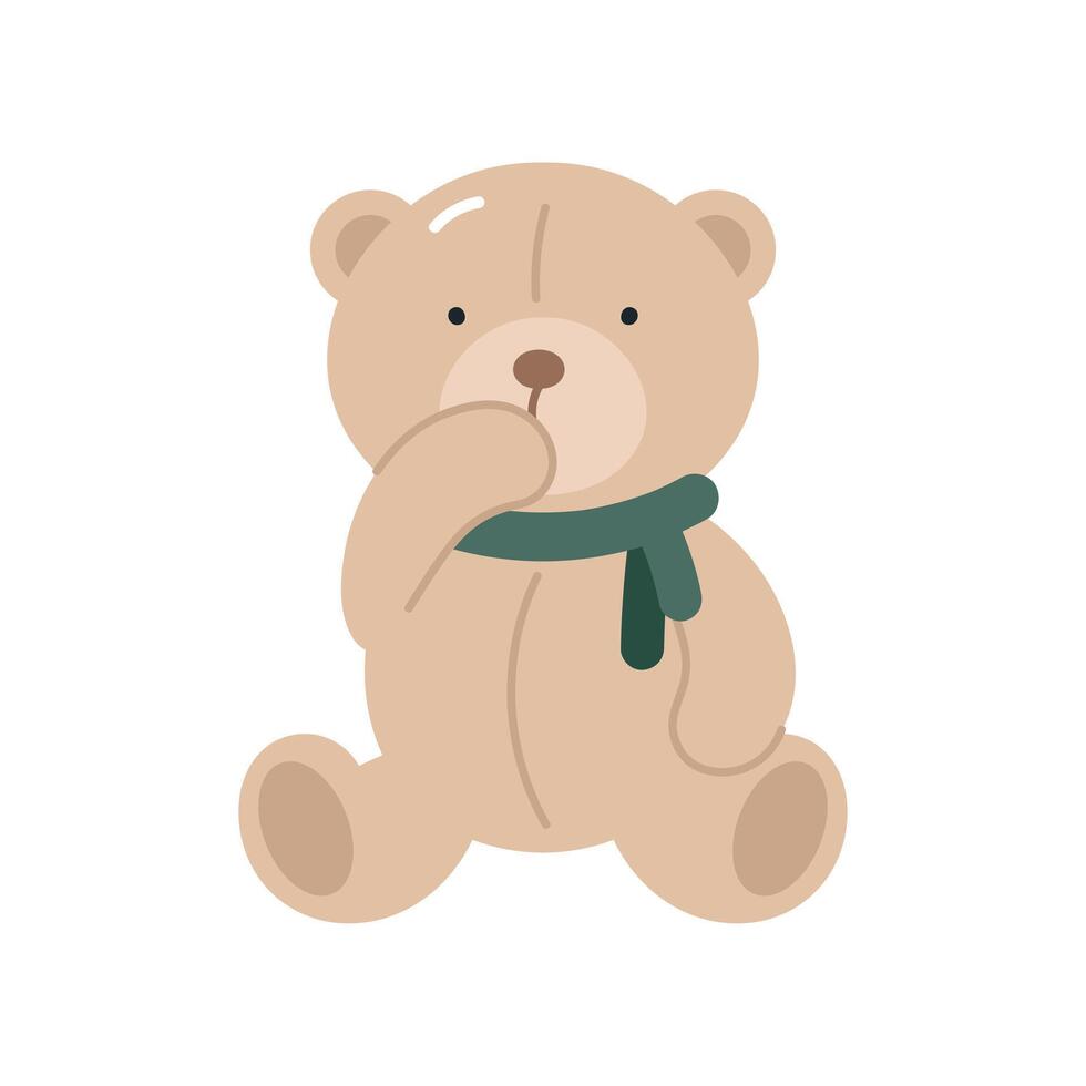 Cute teddy bear with scarf . Isolated on white background. For card, posters, stickers, banners, printing on the pack, printing on clothes, fabric, wallpaper. vector
