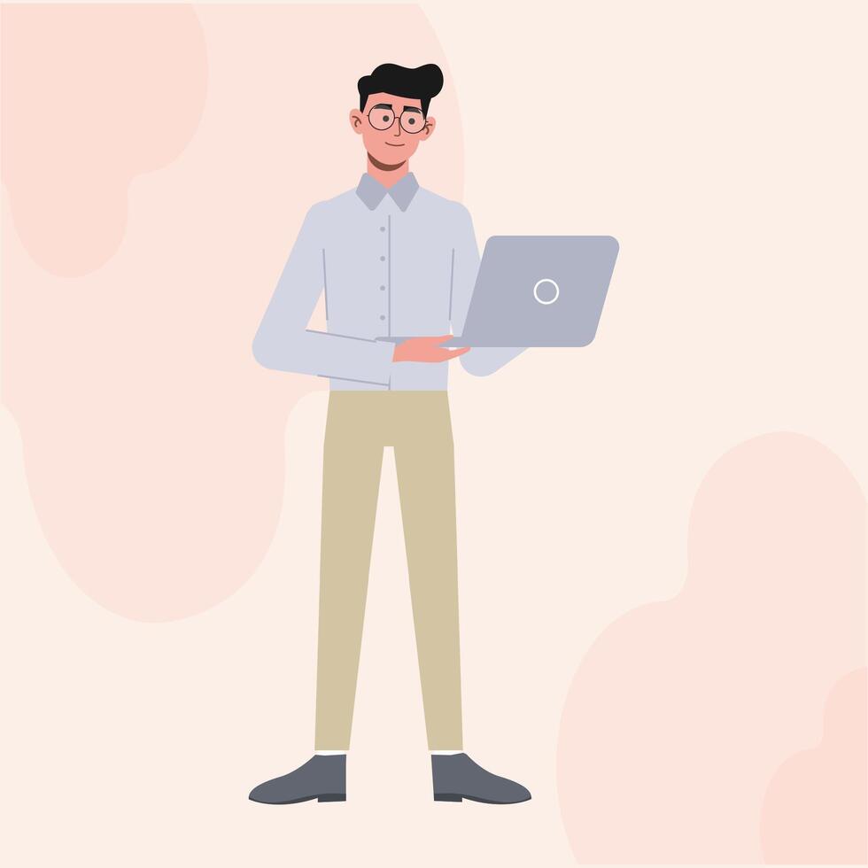 A Business Man with Glasses Flat Character Standing Holding A Laptop vector