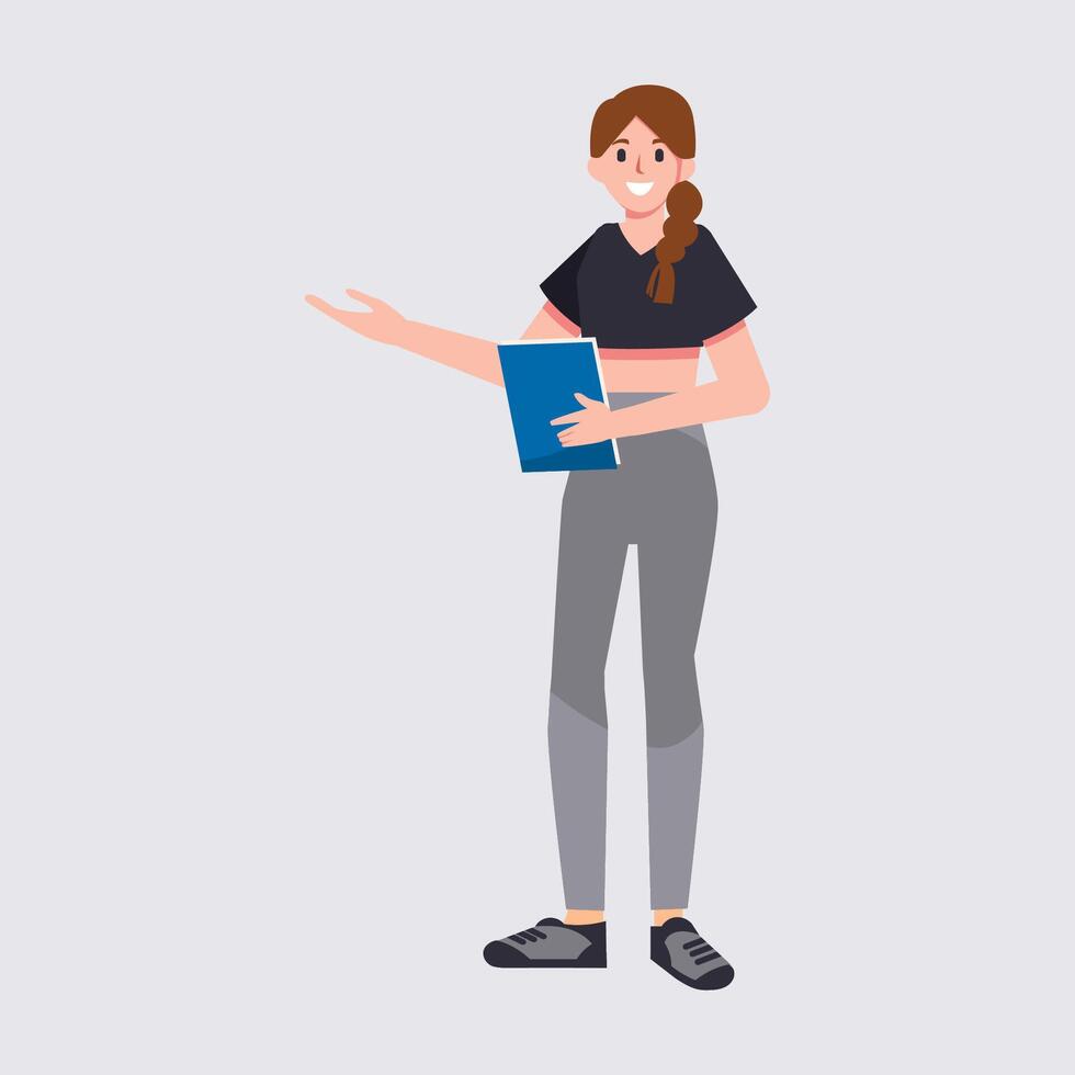 A business or student woman character in casual clothes. Cute girl holding a book and explaining something. illustration in flat style vector