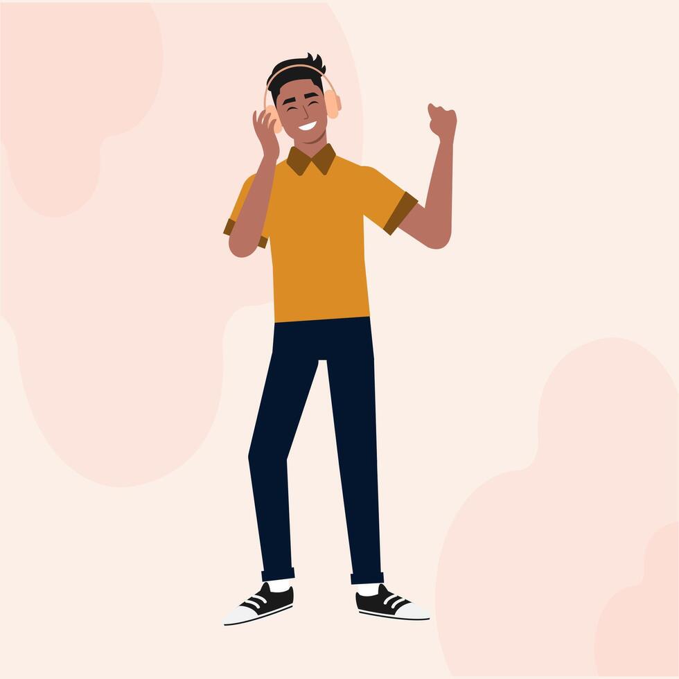 A Black Guy Male Flat Character Standing Hearing Music with Headphone vector