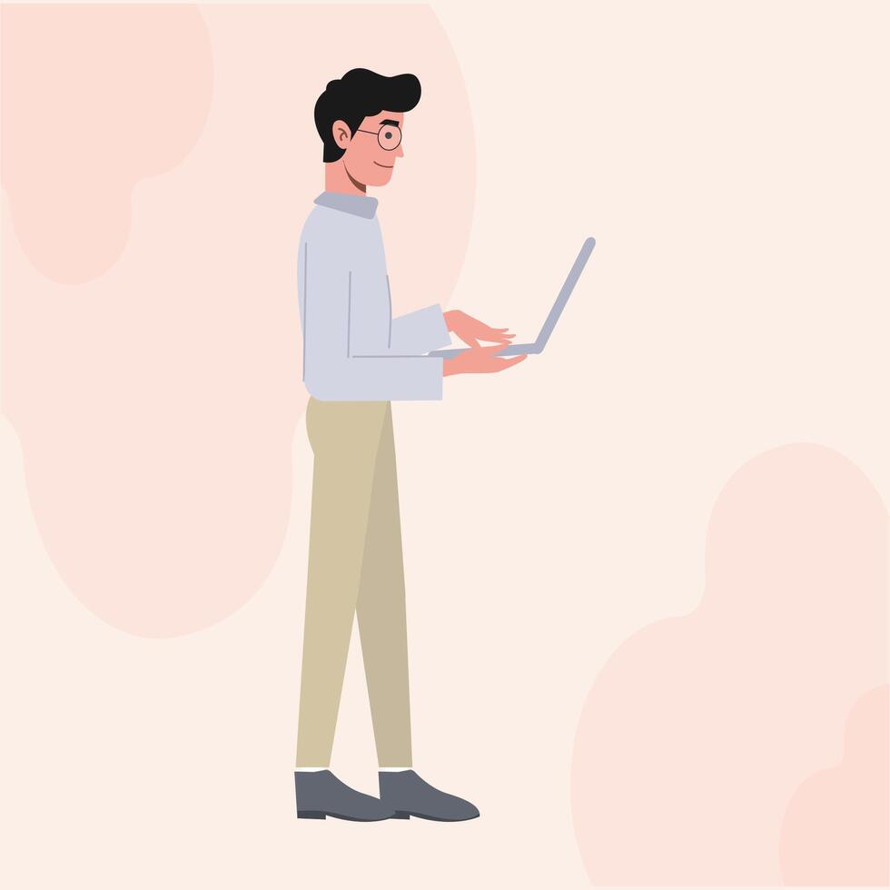 A Business Man with Glasses Flat Character Standing Side View Holding A Laptop vector