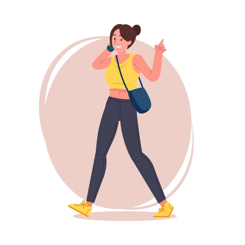 Hipster girl pose flat illustration. Cartoon latina female character with tied hair in stylish jeans, sneakers and shoulder bag, brunette woman walking and calling someone by phone vector