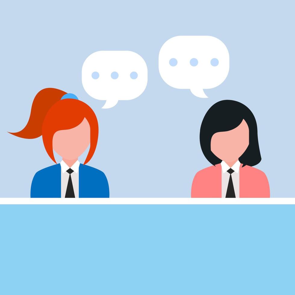 Professional conversation - Two business people woman and woman half body talking and having dialogue at work with speech bubbles. Flat design illustration vector