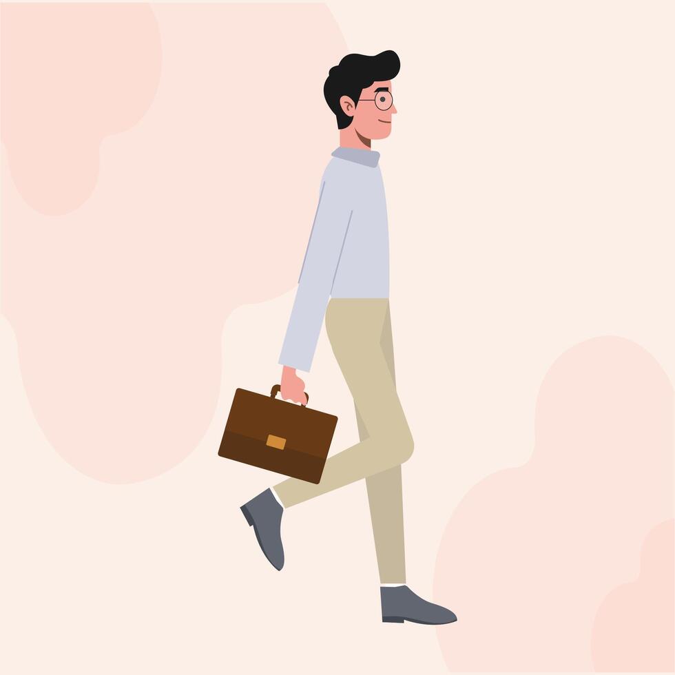 A Business Man with Glasses Flat Character Standing Side View Holding A Bag vector