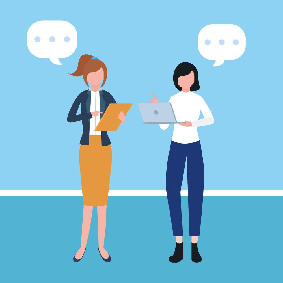 Professional conversation Two business people woman and woman talking and having dialogue at work with speech bubbles. Flat design illustration on blue background vector