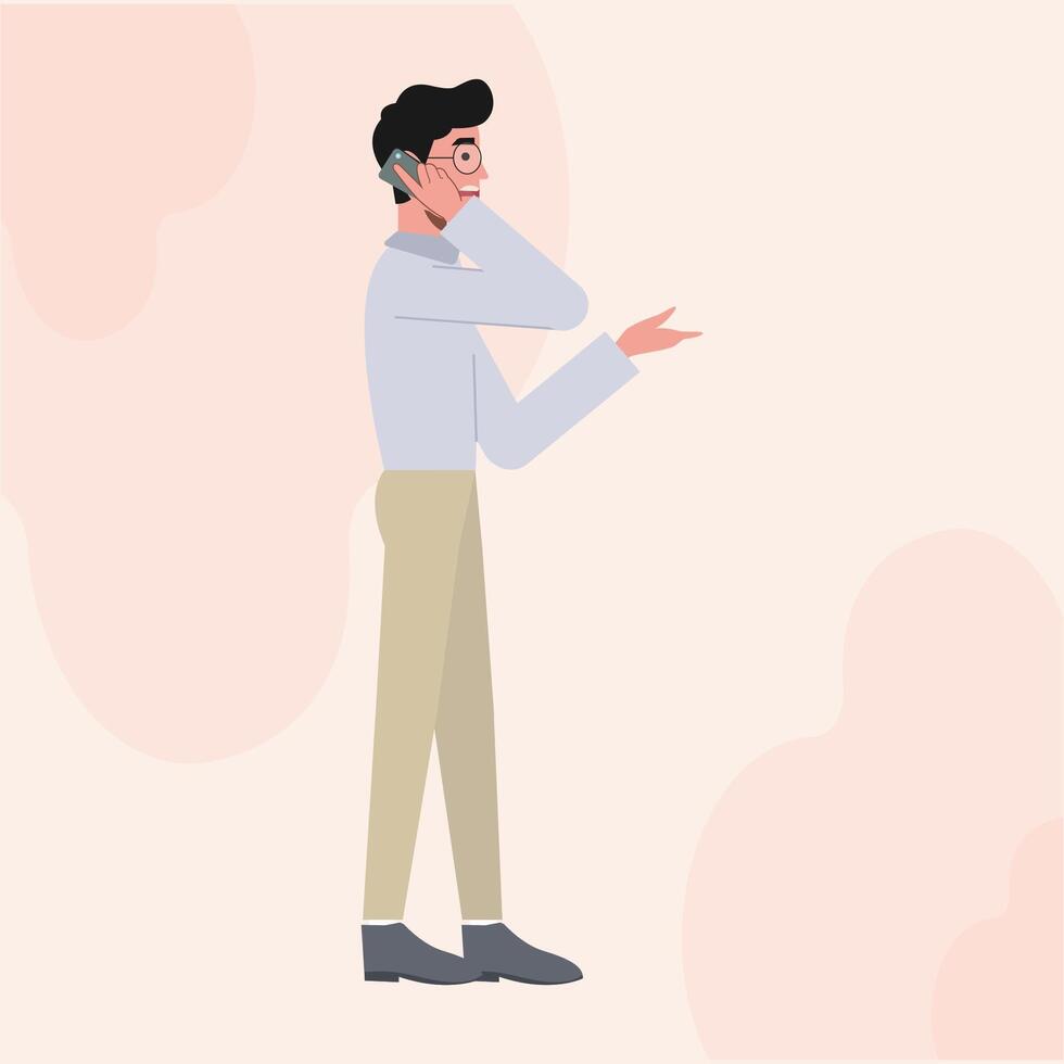 A Business Man with Glasses Flat Character Standing Side View on The Phone vector