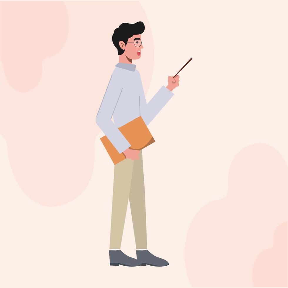 A Business Man with Glasses Flat Character Standing Side View Explaining Something vector