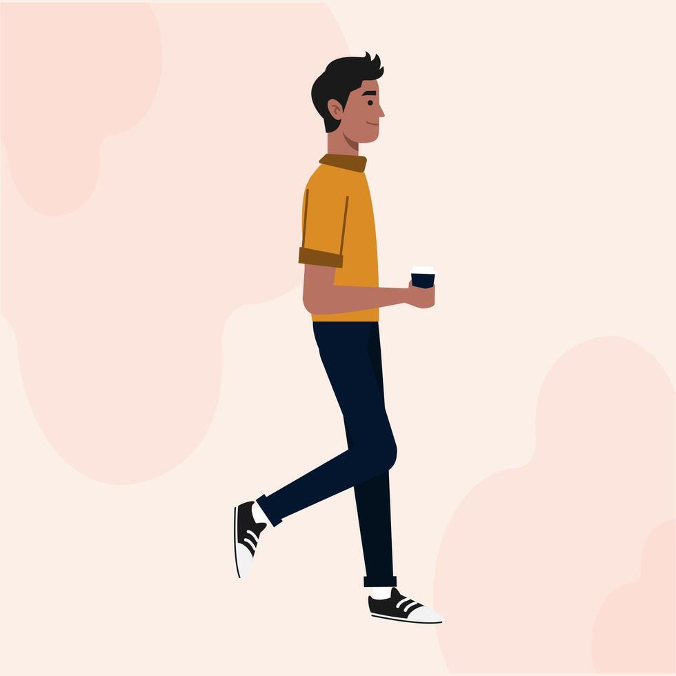 A Black Guy Flat Character Standing Side View Holding A Coffee Cup vector