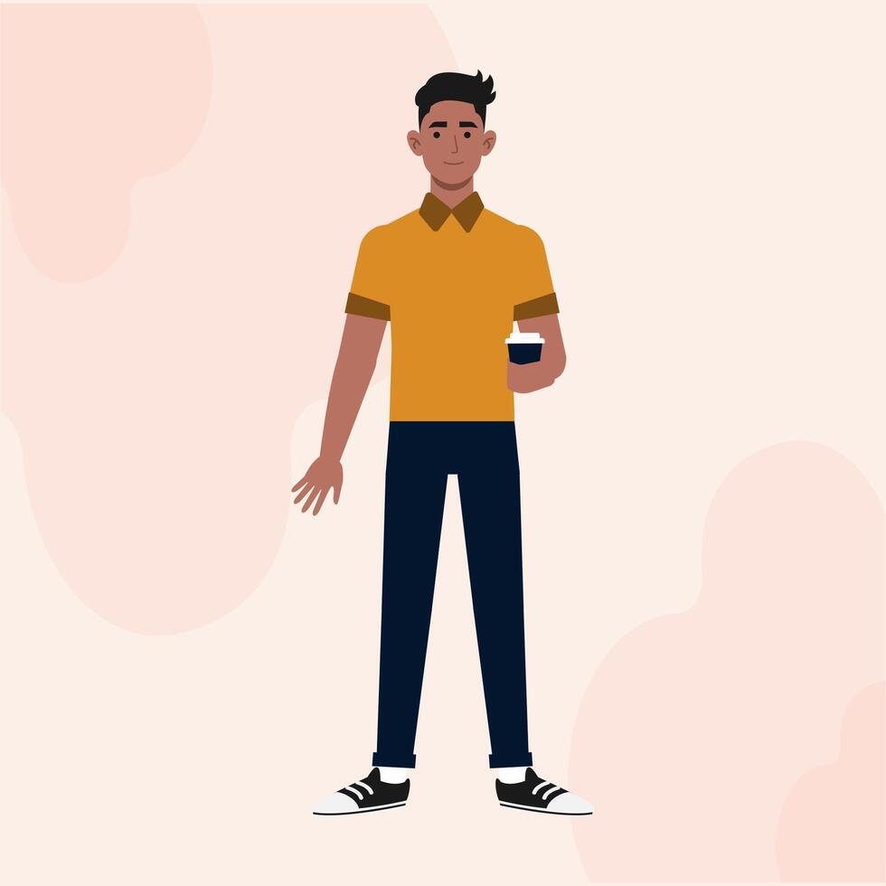 A Black Guy Flat Character Standing Holding A Coffee Cup, Front view vector