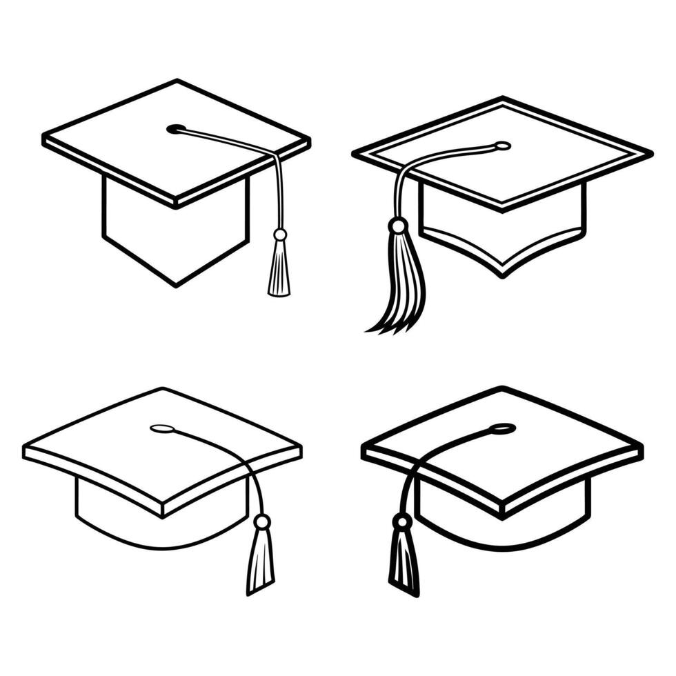 This image features four simple, black and white line art icons of graduation caps. art vector