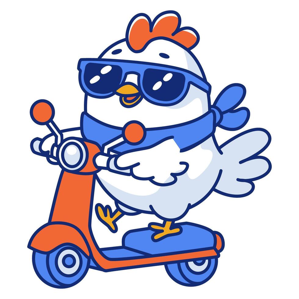 a cartoon chicken wearing sunglasses and a scarf on a scooter vector