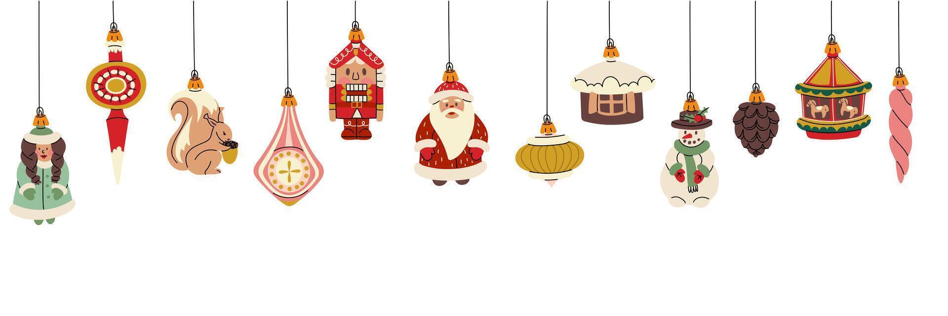 banner Christmas balls. Soviet toys. A banner for decorating a Christmas tree, Christmas balls on a white background. Santa Claus, the snow Maiden, the nutcracker. The holiday decoration template vector