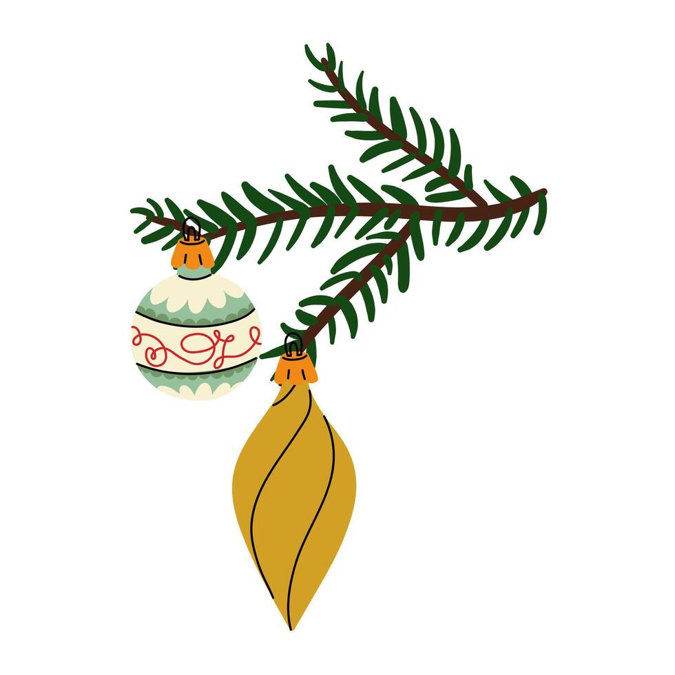 Christmas tree branch with retro Christmas balls. Soviet glass toys in flat style. Icicle, ball. Decor for Christmas, New Year and holidays. Hand-drawn isolated illustration on white background vector
