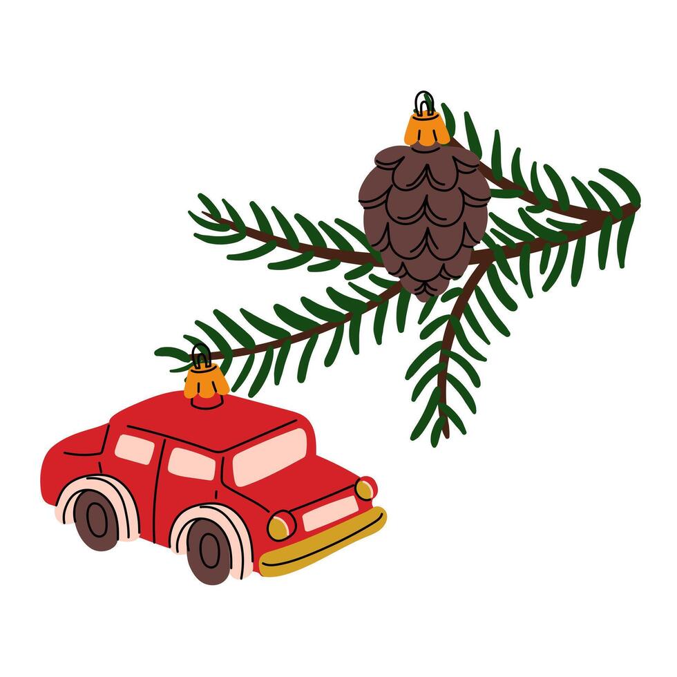 Christmas tree branch with retro Christmas balls. Soviet glass toys in flat style. Car, bump. Decor for Christmas, New Year and holidays. Hand-drawn isolated illustration on white background vector
