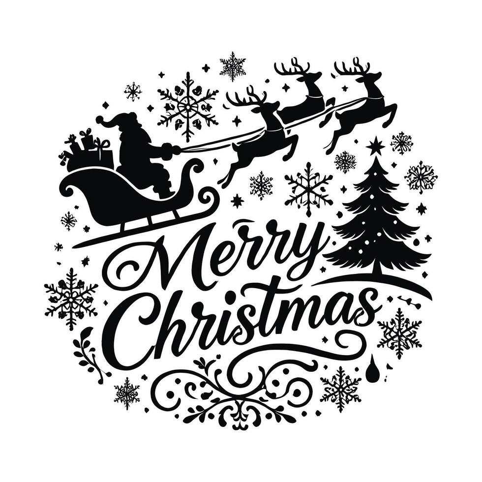 Merry Christmas Silhouette with Snowflakes, Reindeer, and Bells vector