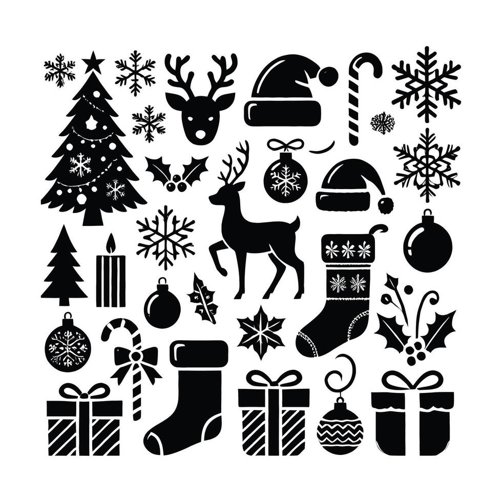 Merry Christmas Silhouette with Christmas Tree, Bells, and Snowflakes vector