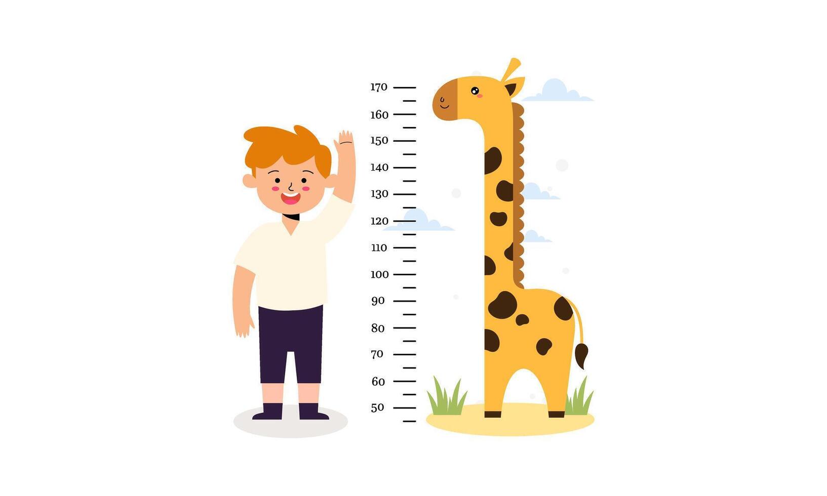 Cute Little Boy Measuring His Height with Cute Giraffe Growth Ruler on White Background Illustration vector
