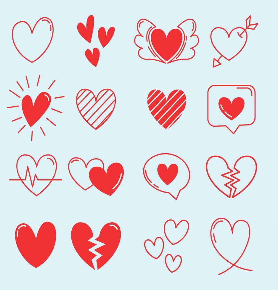 New Flat, doodle and sketch red heart shape icon designs. Abstract romantic emoji symbol vector
