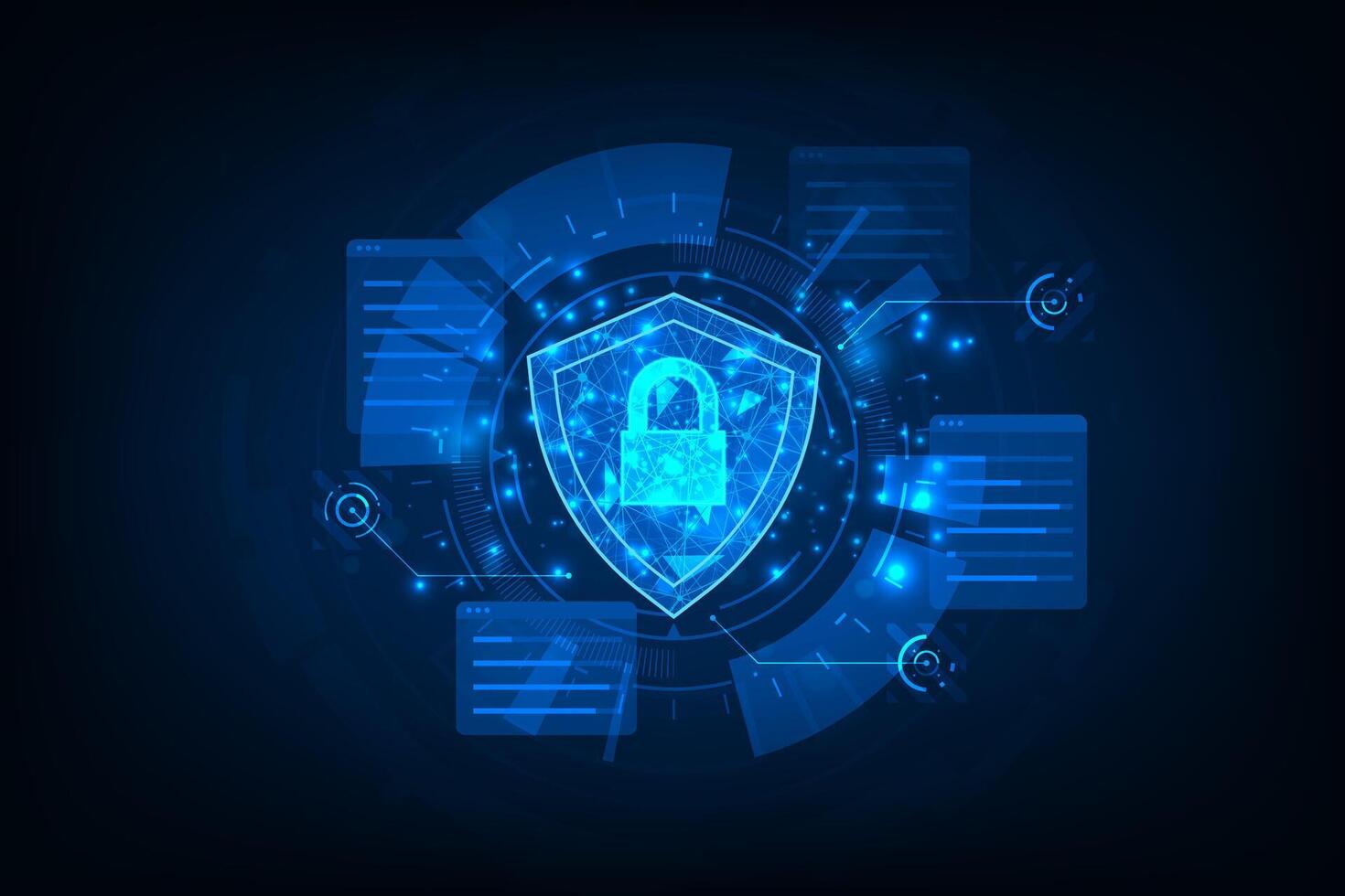 Futuristic security online connection network concept. Cyber security concept. Protect data. Shield on tech circle. vector
