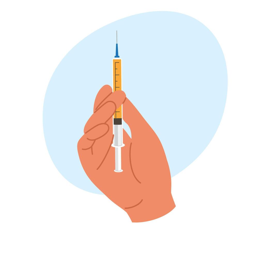 Hand in process of preparing a syringe for an injection. Health and medical care vector