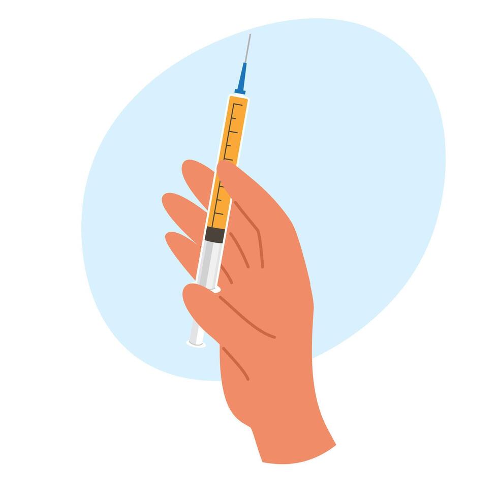 illustration of hand holding a medical syringe. Medical procedure and vaccination concept vector