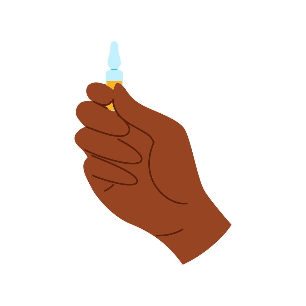 African american black hand with ampoule full of liquid for injection vector