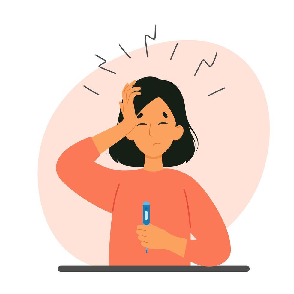 Woman suffering from headache or migraine. Hypertensive crisis. Woman with temperature vector