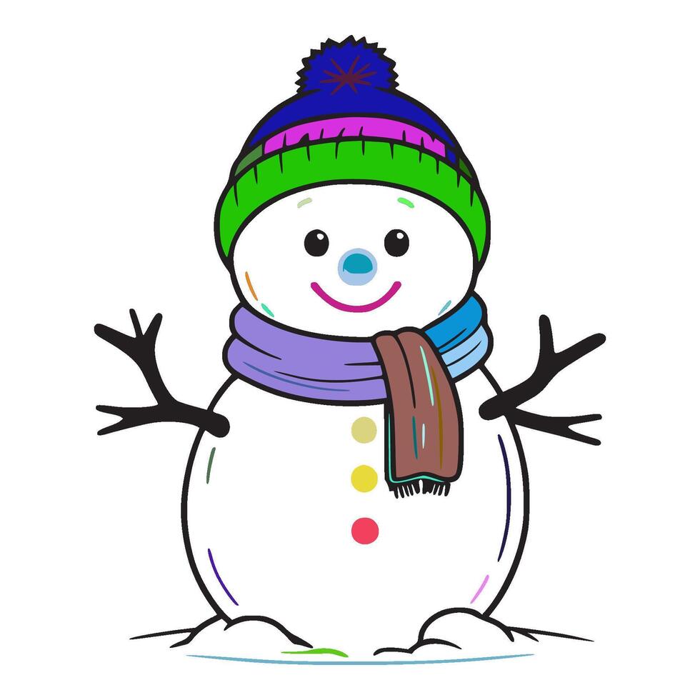 A cartoon snowman is standing with his arms outstretched. He is wearing a green and blue hat with a blue pom-pom on top. vector