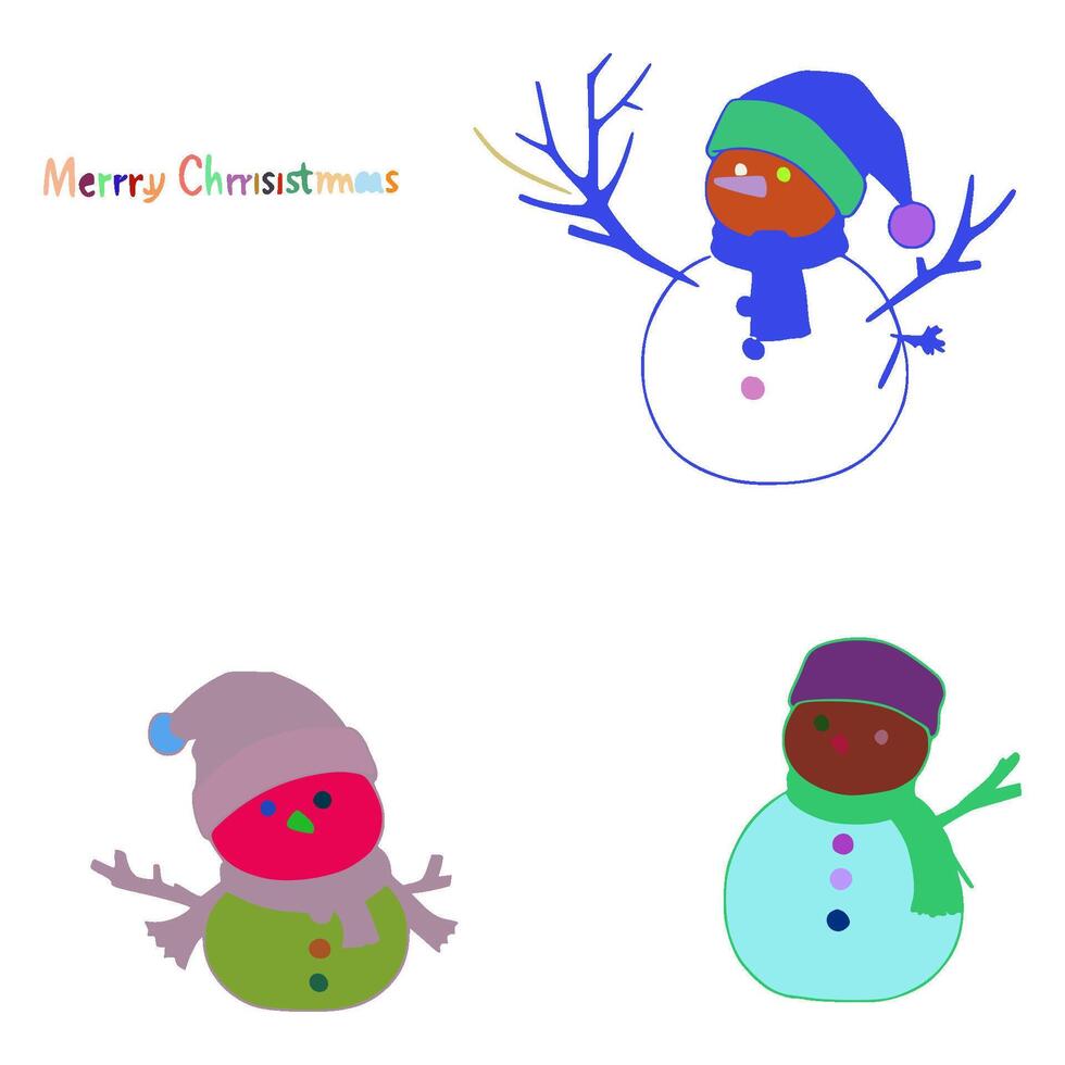 Snowman is wearing a blue hat. There is a blue snowman in the middle of the image. There are blue antlers on the snowman's head. The antlers have holes in them. vector