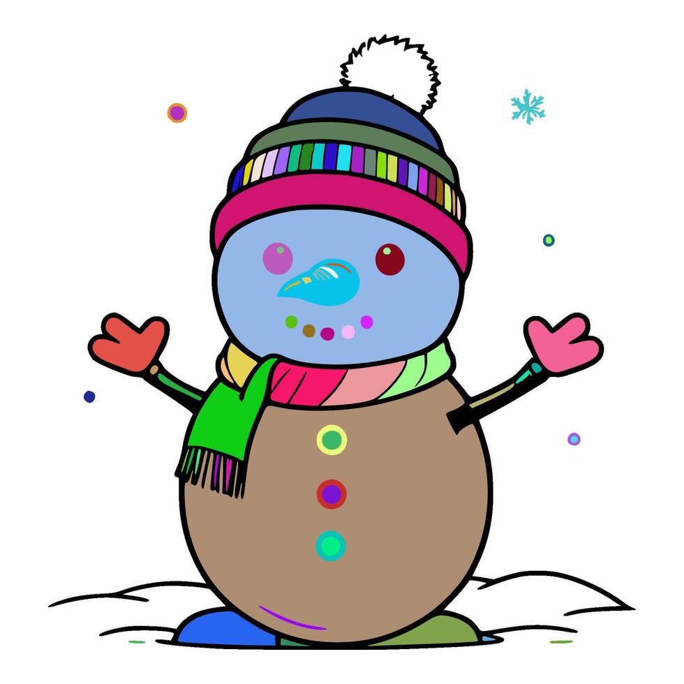 A cartoon snowman is wearing a hat. The hat is multicolored. There is a green scarf around the neck of the snowman. The snowman has a brown base. vector
