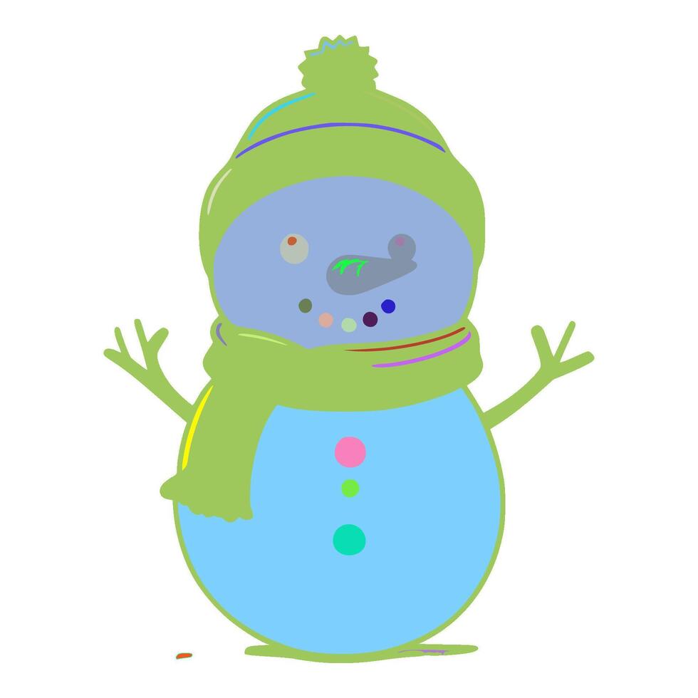 The snowman is blue with a green scarf around it. The scarf is green and the snowman has a green hat on top of it. There are three small circular circles under the eyes. vector